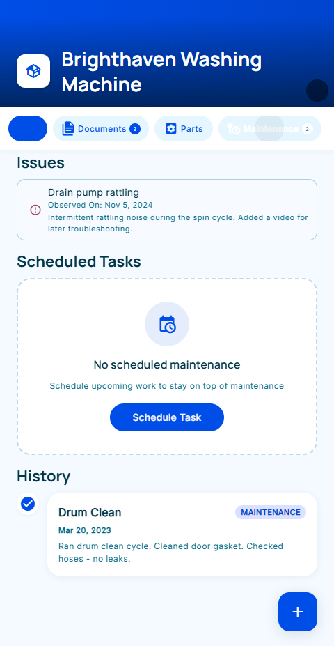Awaile maintenance screen showing issues, tasks, and history
