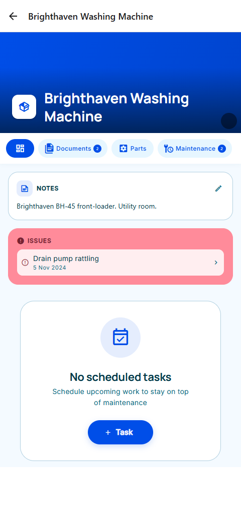 Awaile asset detail view showing notes, issues, and recent maintenance