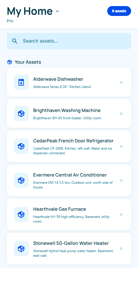 Awaile dashboard showing home and assets